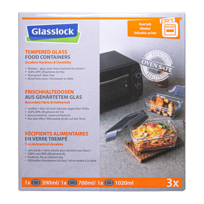 Glasslock Oven Smart - Lote de 3 Recipientes Rectangulares en Vidrio Templado, Aptos Horno