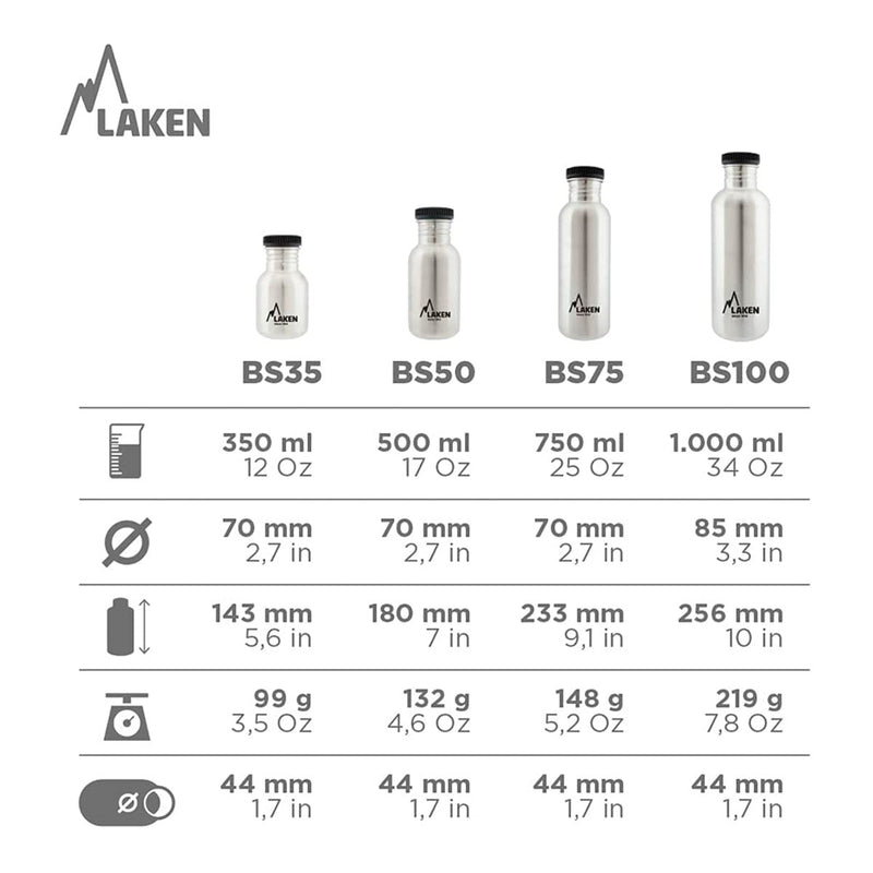 LAKEN Basic Steel - Botella de Agua 1L en Acero Inoxidable. Plata