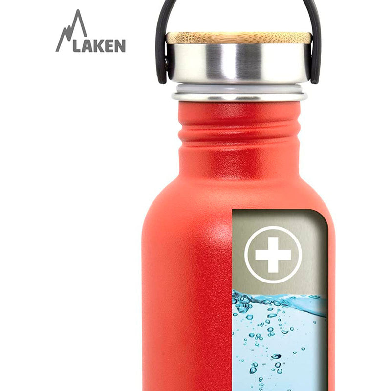 LAKEN Basic Steel Bambú - Botella de Agua 0.5L en Acero Inoxidable con Asa. Rojo