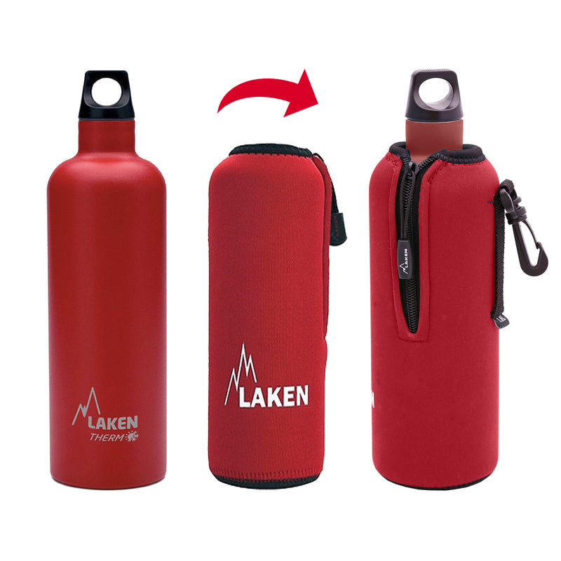 LAKEN - Funda de Neopreno para Botellas de 0.75L con Mosquetón y Trabilla. Rojo