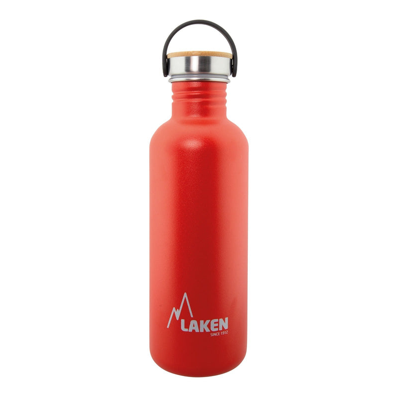 LAKEN Basic Steel Bambú - Botella de Agua 1L en Acero Inoxidable con Asa. Rojo