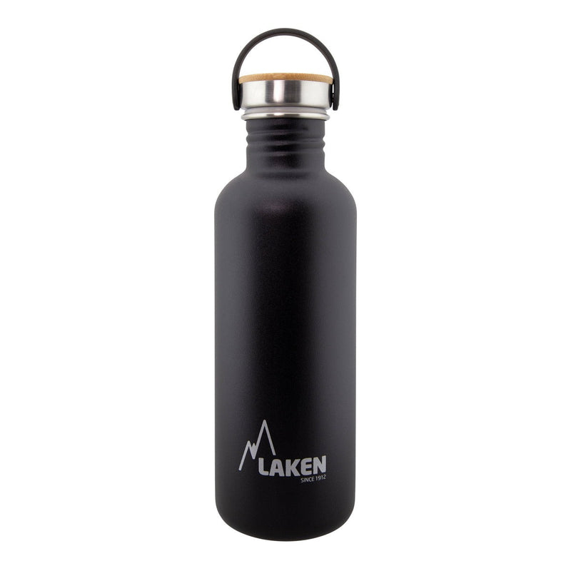 LAKEN Basic Steel Bambú - Botella de Agua 1L en Acero Inoxidable con Asa. Negro