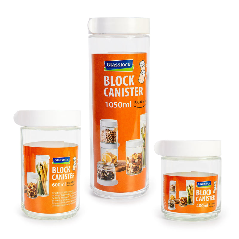 Glasslock Block Canister - Recipiente Hermético Redondo en Vidrio, Blanco 400 ml