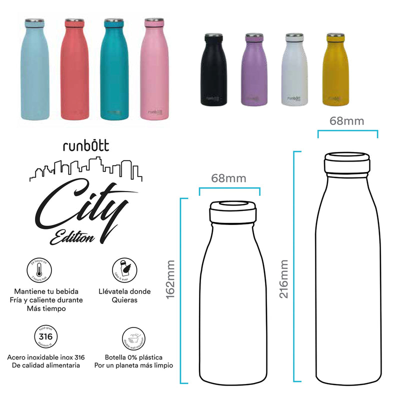 Runbott City - Botella Térmica de 0.5L en Acero Inoxidable 316 y Silicona. Rosa