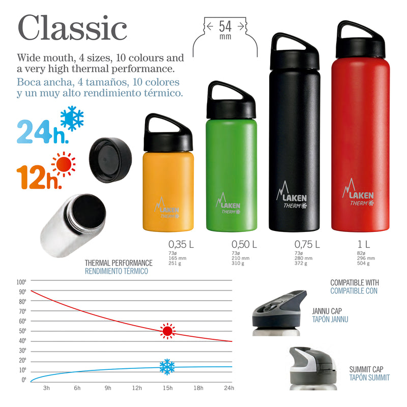 LAKEN Classic - Botella Térmica de Boca Ancha 0.75L en Acero Inoxidable. Naranja