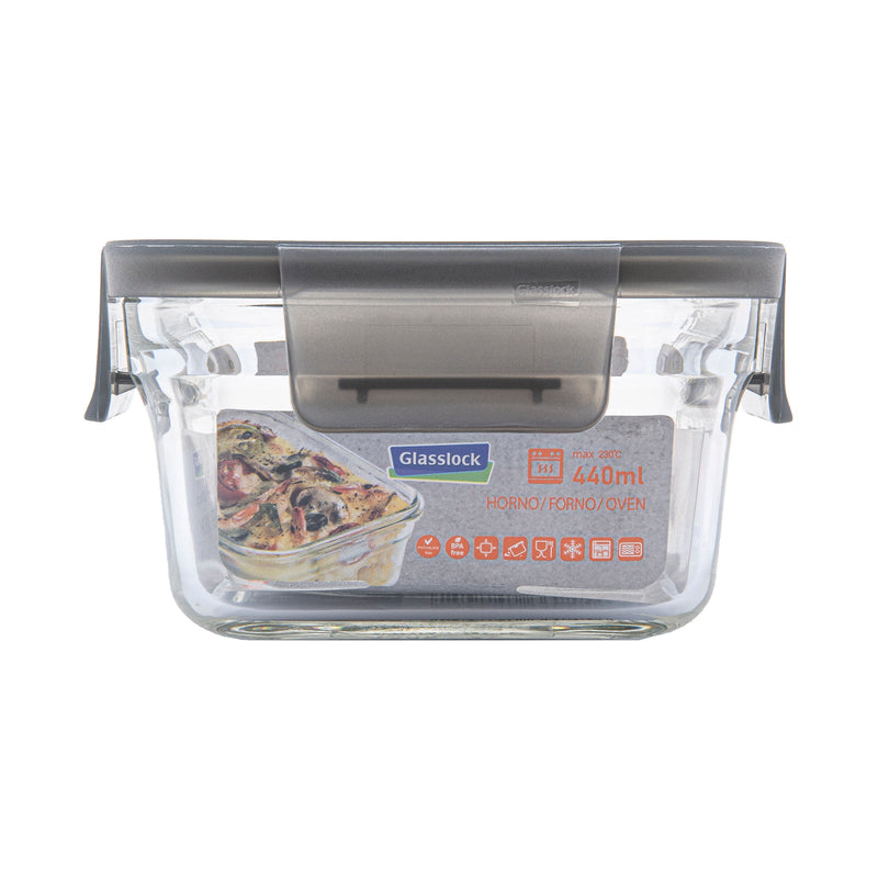 Glasslock Oven Smart - Recipiente Cuadrado en Vidrio Templado, Apto Horno, 440 ml