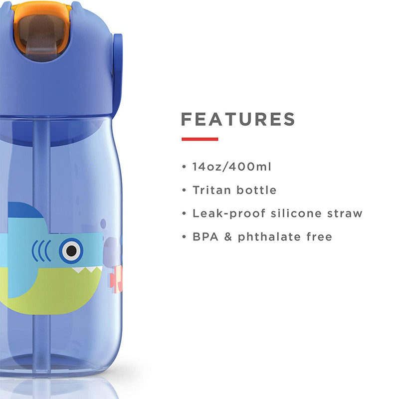 ZOKU Kids Flip Straw - Botella de Infantil 0.4L en Tritán con Pajita. Tiburón