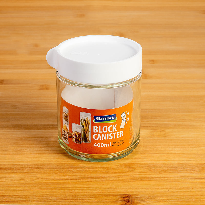 Glasslock Block Canister - Recipiente Hermético Redondo en Vidrio, Blanco 400 ml