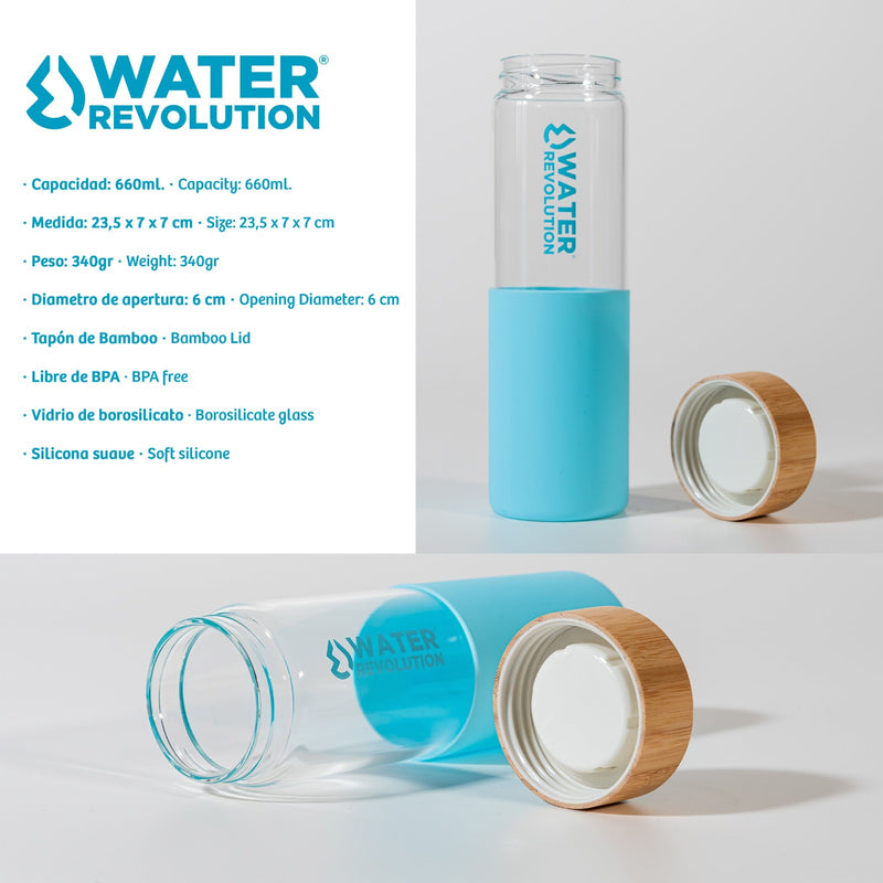 Water Revolution - Botella de Vidrio de 660 ml y Tapón de Bambú, Color Pink