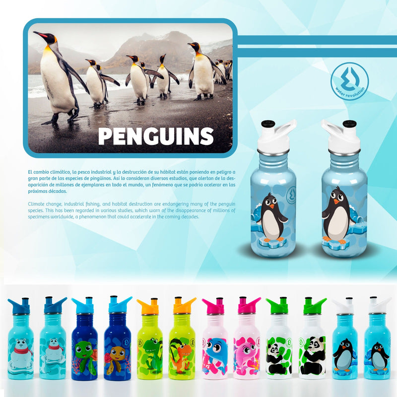 Water Revolution - Botella Infantil de Acero Inoxidable 500 ml. Sport Kids Penguin