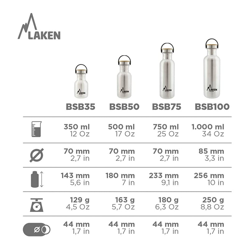 LAKEN Basic Steel Bambú - Botella de Agua 0.35L en Acero Inoxidable con Asa. Blanco